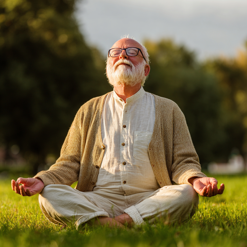 elderly gentleman in comfortable yoga pose
