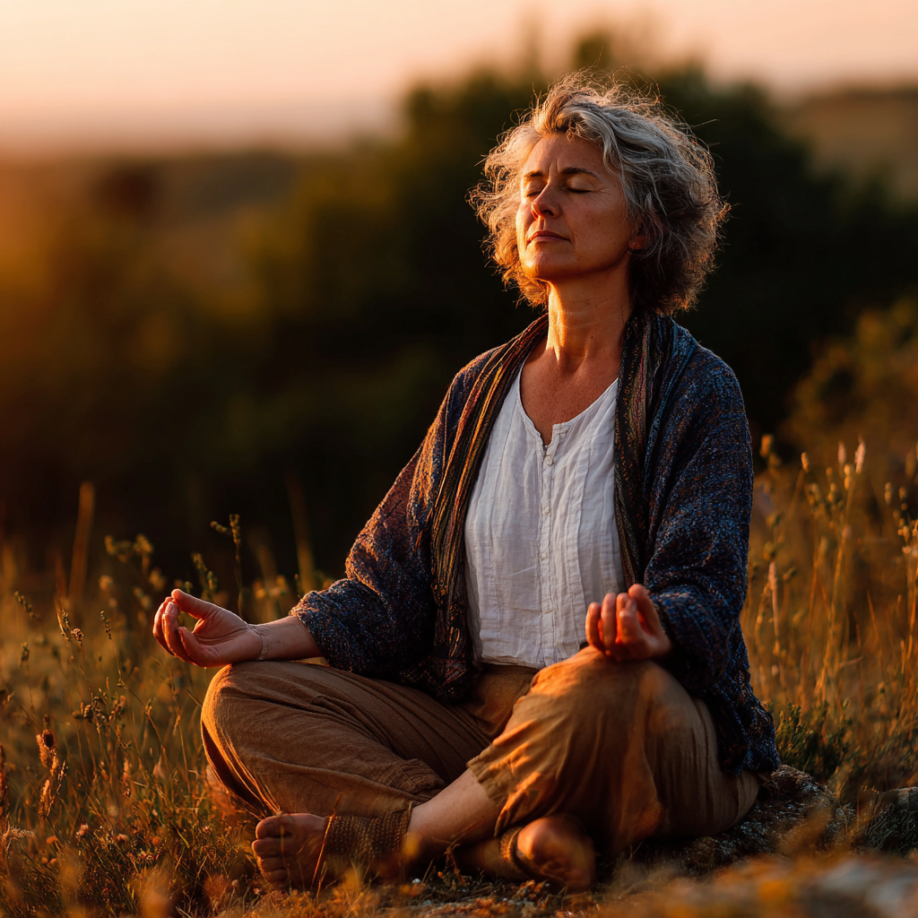 mature woman practicing meditation in peaceful garden setting