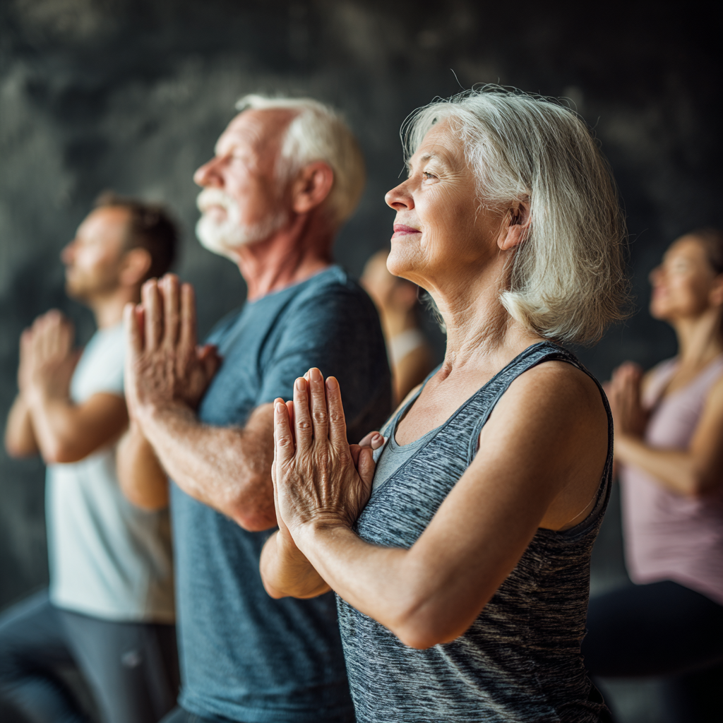 senior adults practicing gentle yoga in serene studio environment